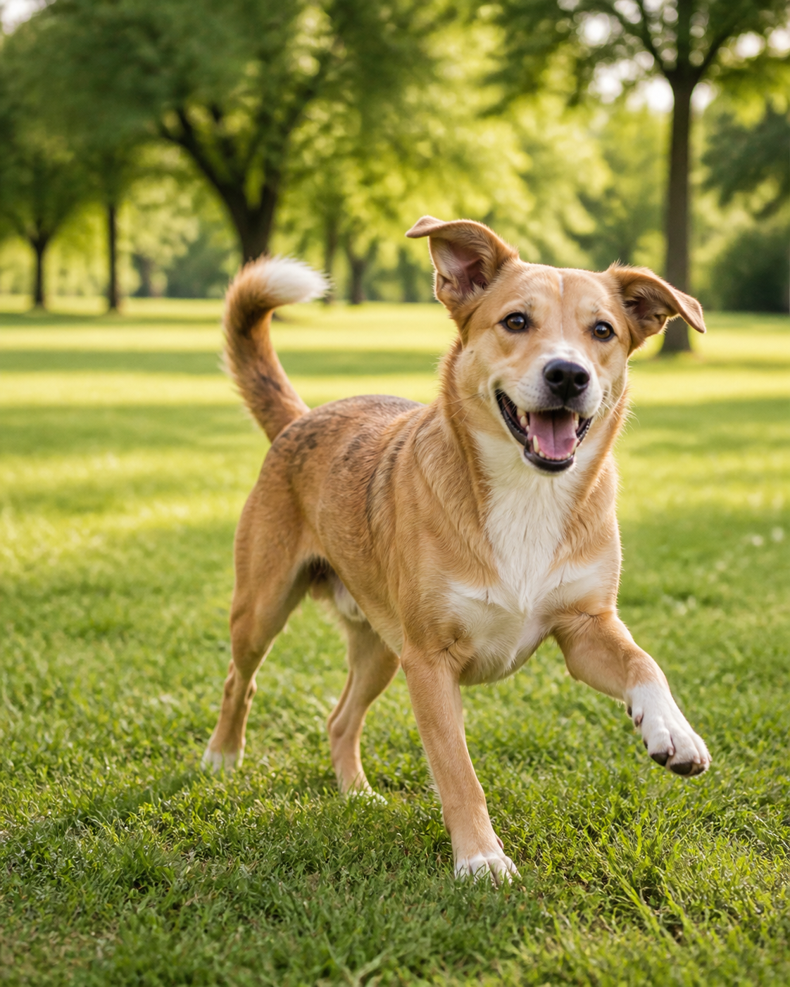 A happy dog playing in a green park